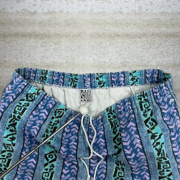 Vintage 90s Surf Style Sweat Shorts Mens L Baggy Wide Leg Blue Cotton Pattern - Picture 3 of 4